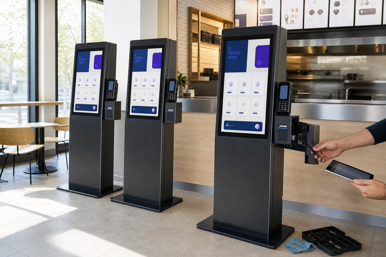 Three self-order kiosks being checked before a restaurant opens.
