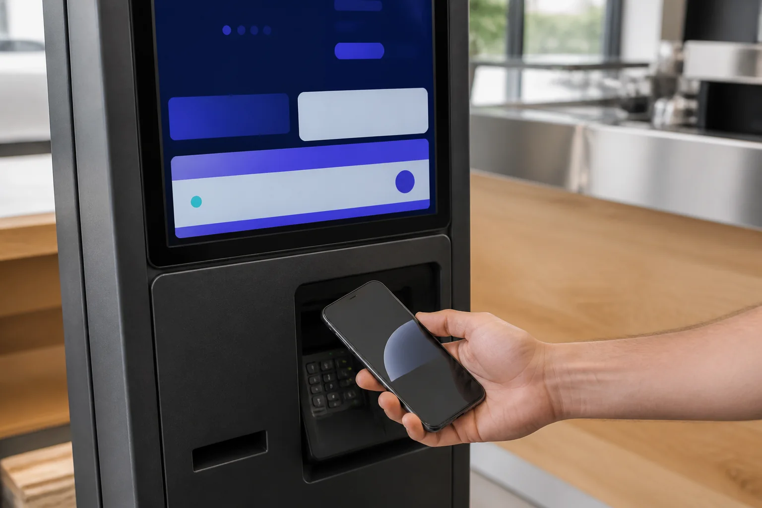 Contactless payment using the reader integrated into a self-order kiosk.