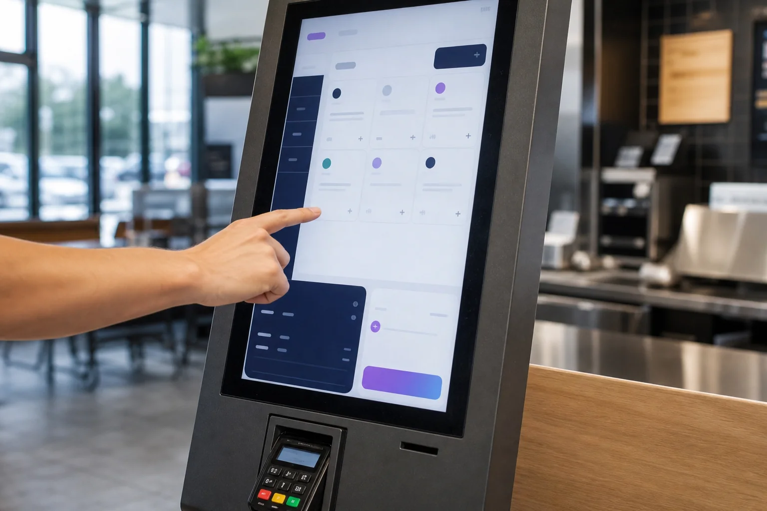 A hand using the touchscreen of a self-order kiosk in a bright restaurant.