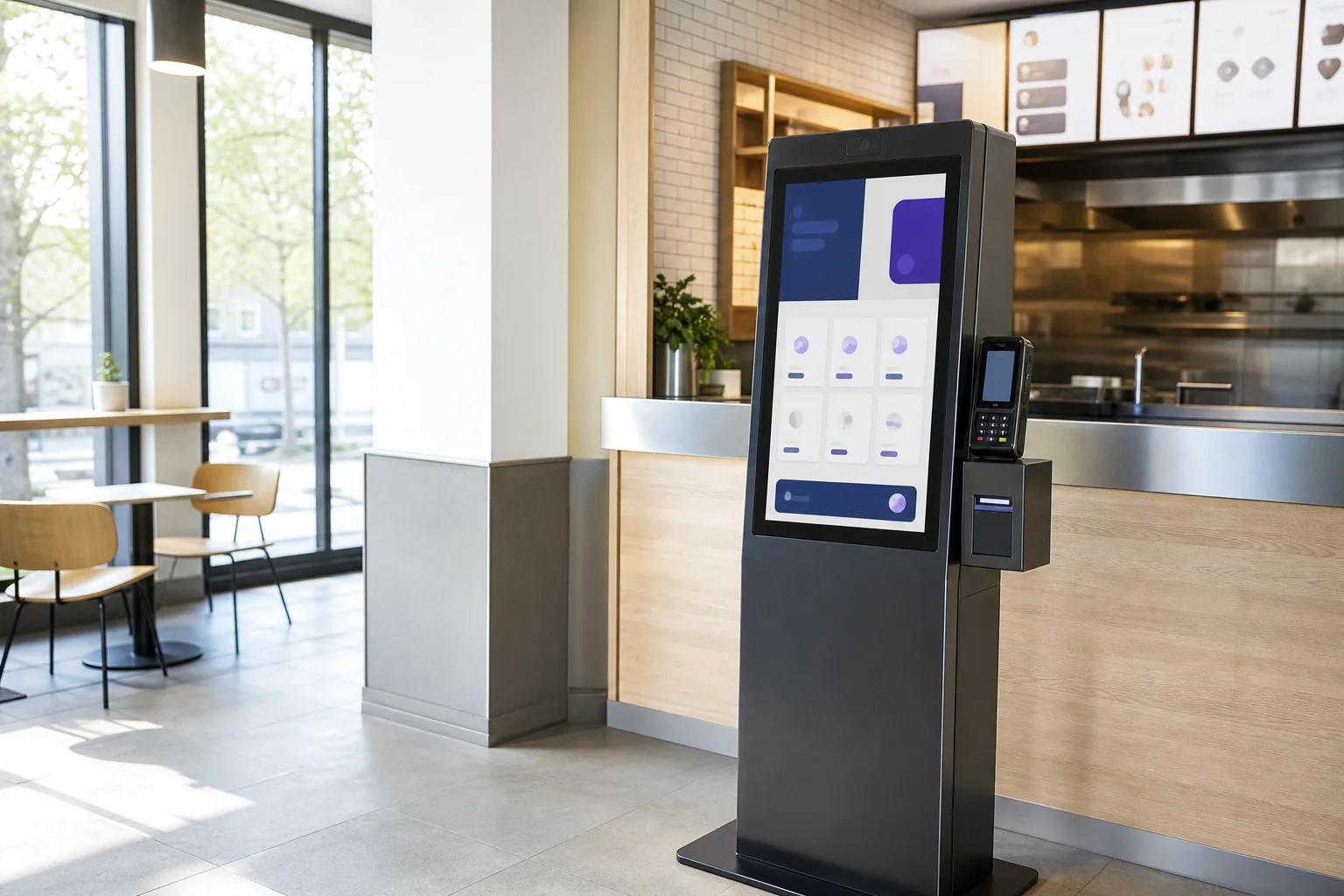 Self-order kiosk installed in a bright restaurant, with no people in the frame.